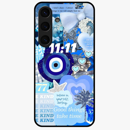 Aesthetic Be Kind Eye Glass Case showing flat back view with motivational eye artwork and glossy glass finish.