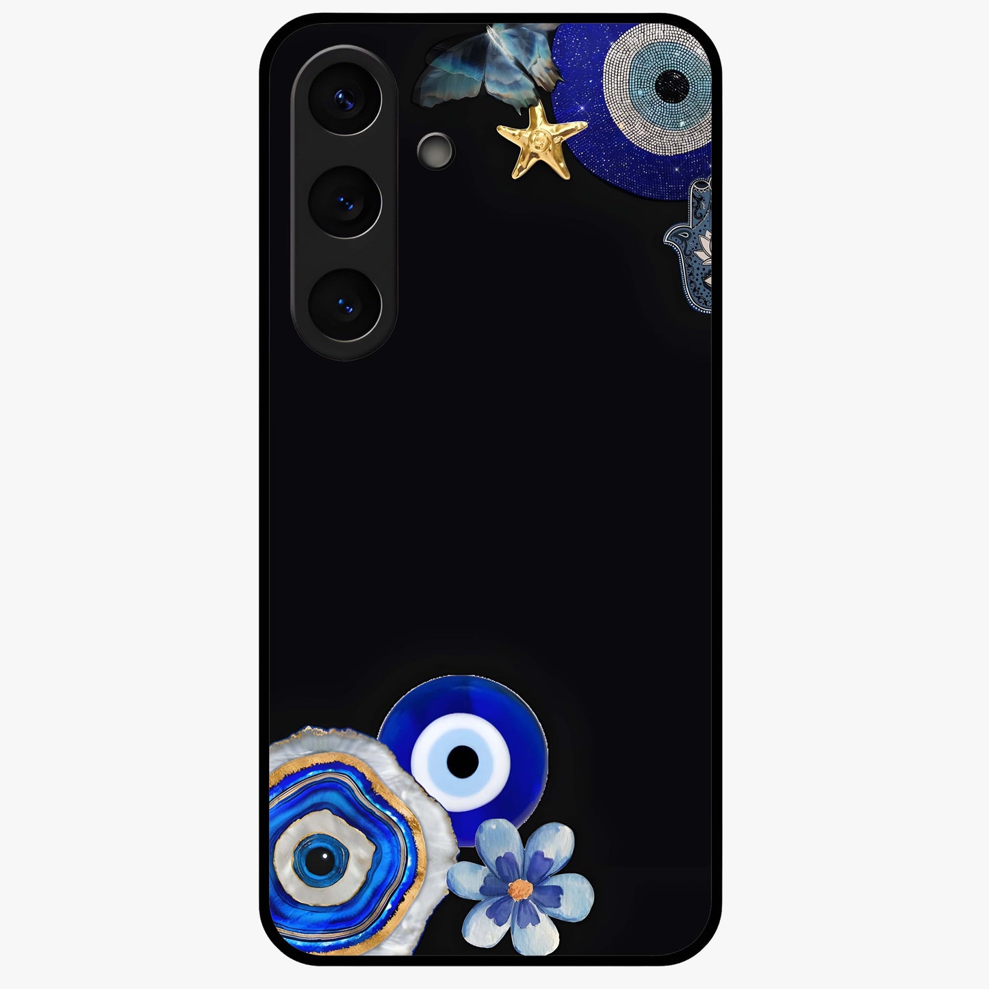 Aesthetic Blue Evil Eye Glass Case showing flat back view with protective evil eye artwork and glossy glass finish.