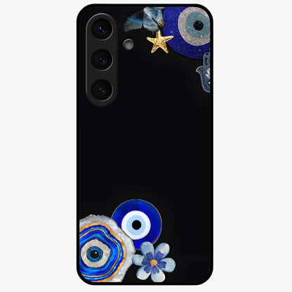 Aesthetic Blue Evil Eye Glass Case showing flat back view with protective evil eye artwork and glossy glass finish.
