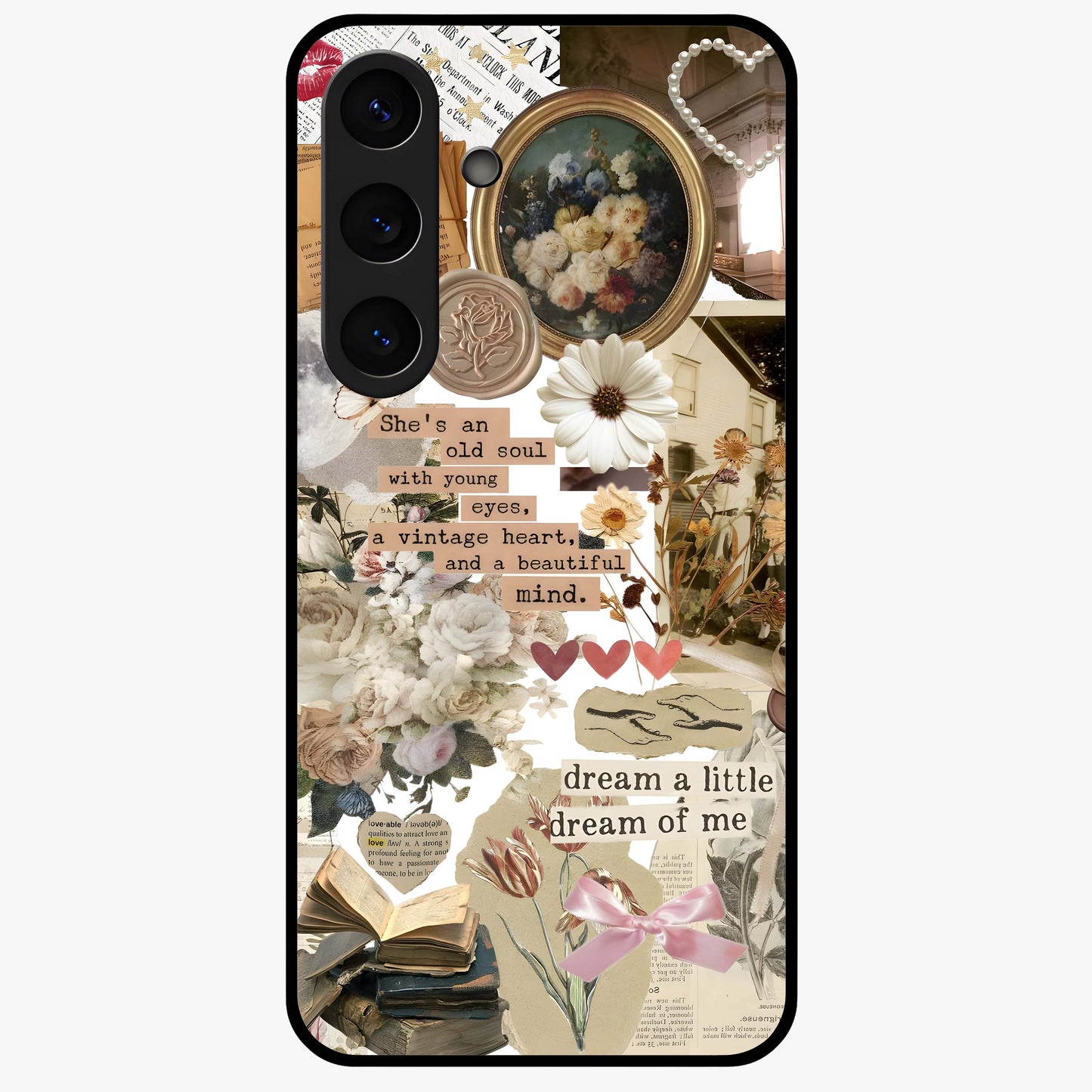Aesthetic Brown Vintage Collage Glass Case showing flat back view with retro collage artwork and glossy glass finish.