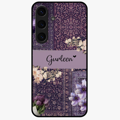 Antique Floral Whisper Custom Name Glass Case showing flat back view with vintage floral artwork and personalized name design.