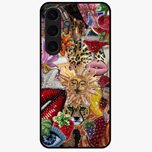 Beaded Fashion Jungle Glass Case showing flat back view with vibrant jungle inspired bead artwork and glossy glass finish.