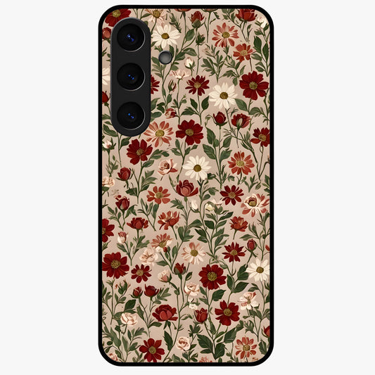 Biege Flower With Leaf Glass Case showing flat back view with soft beige floral artwork and glossy glass finish.