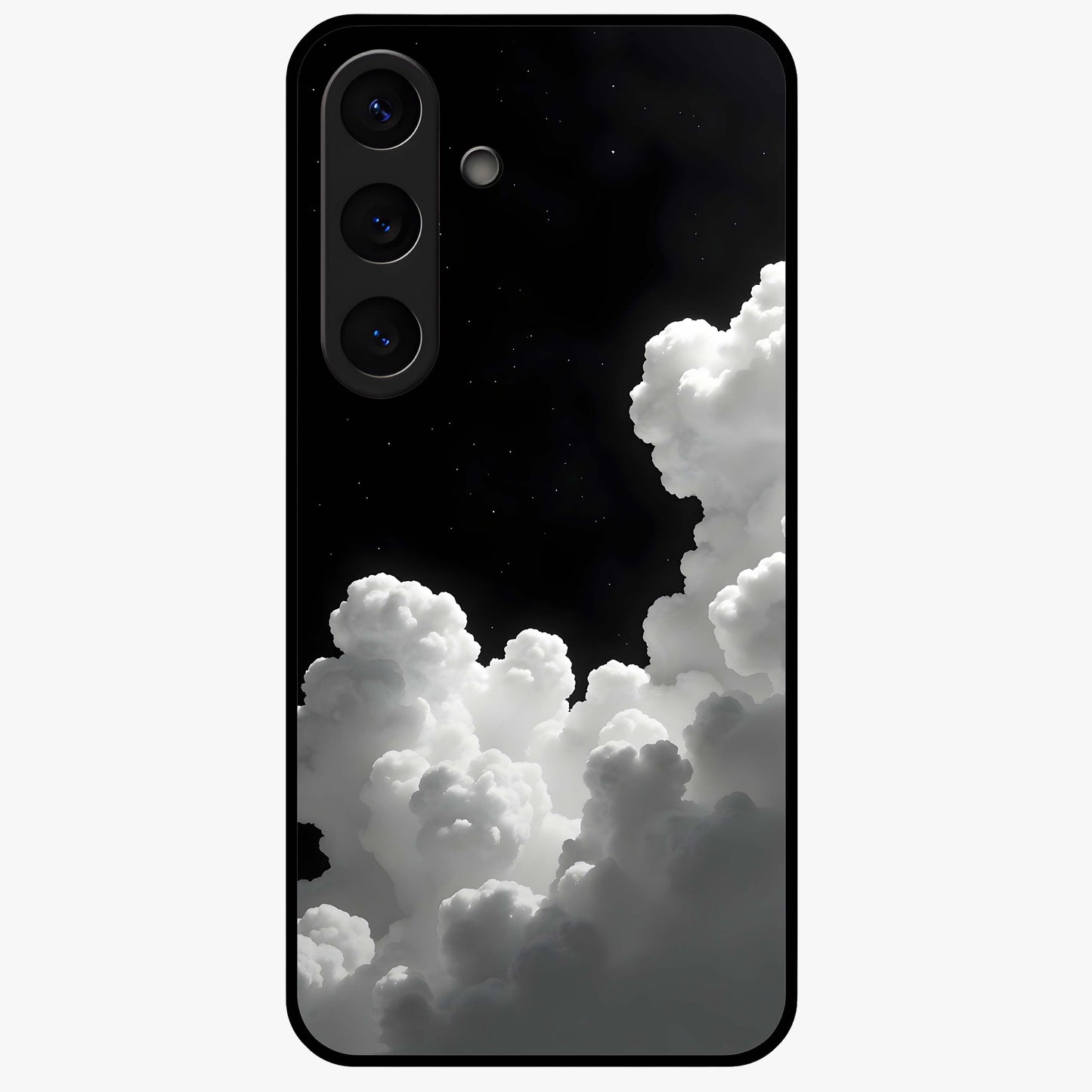 Black Background With White Cloud Glass Case showing flat back view with minimal cloud artwork on dark background and glossy glass finish.