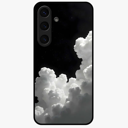 Black Background With White Cloud Glass Case showing flat back view with minimal cloud artwork on dark background and glossy glass finish.