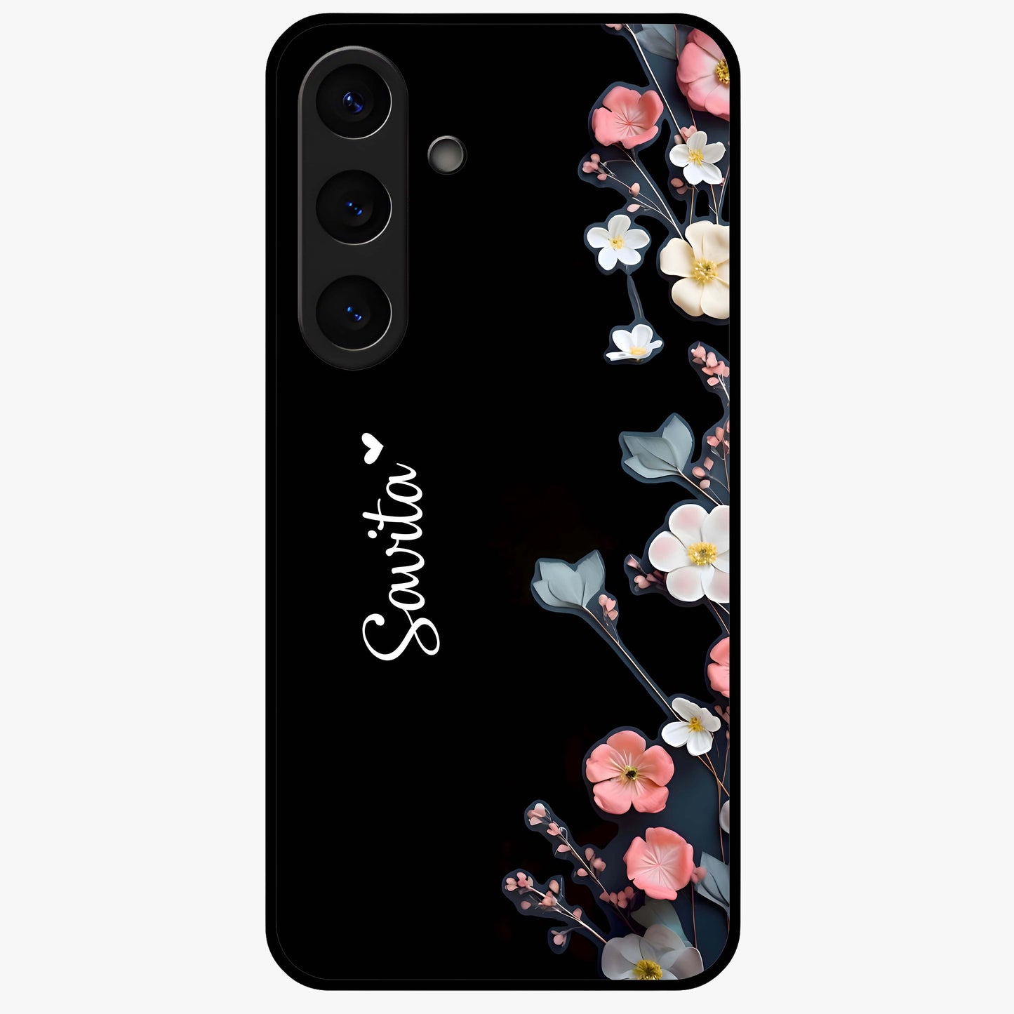 Black Elegance Floral Custom Name Glass Case showing flat back view with elegant floral artwork and personalized name design.