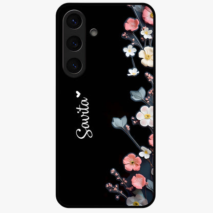 Black Elegance Floral Custom Name Glass Case showing flat back view with elegant floral artwork and personalized name design.