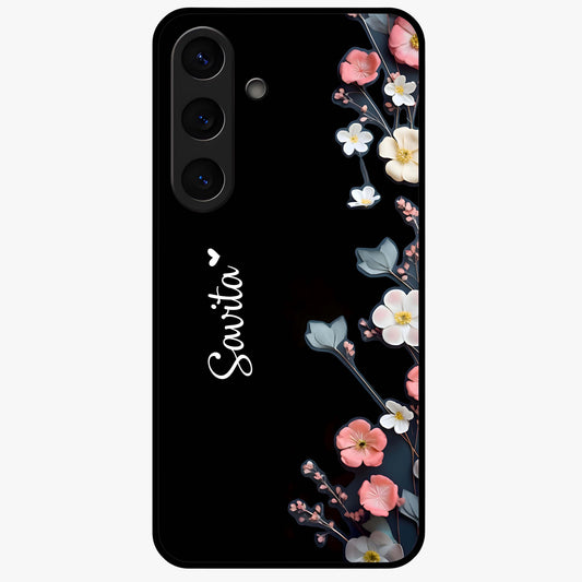 Black Elegance Floral Custom Name Glass Case showing flat back view with elegant floral artwork and personalized name design.