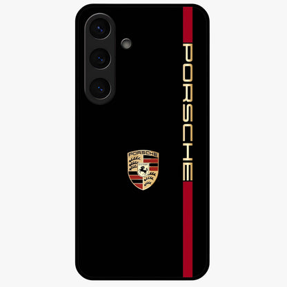Black Minimal Porsche Glass Case showing flat back view with sleek minimal sports car artwork and glossy glass finish.