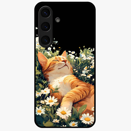 Blissful Bloom Cat Glass Case showing flat back view with cute cat and floral bloom artwork and glossy glass finish.