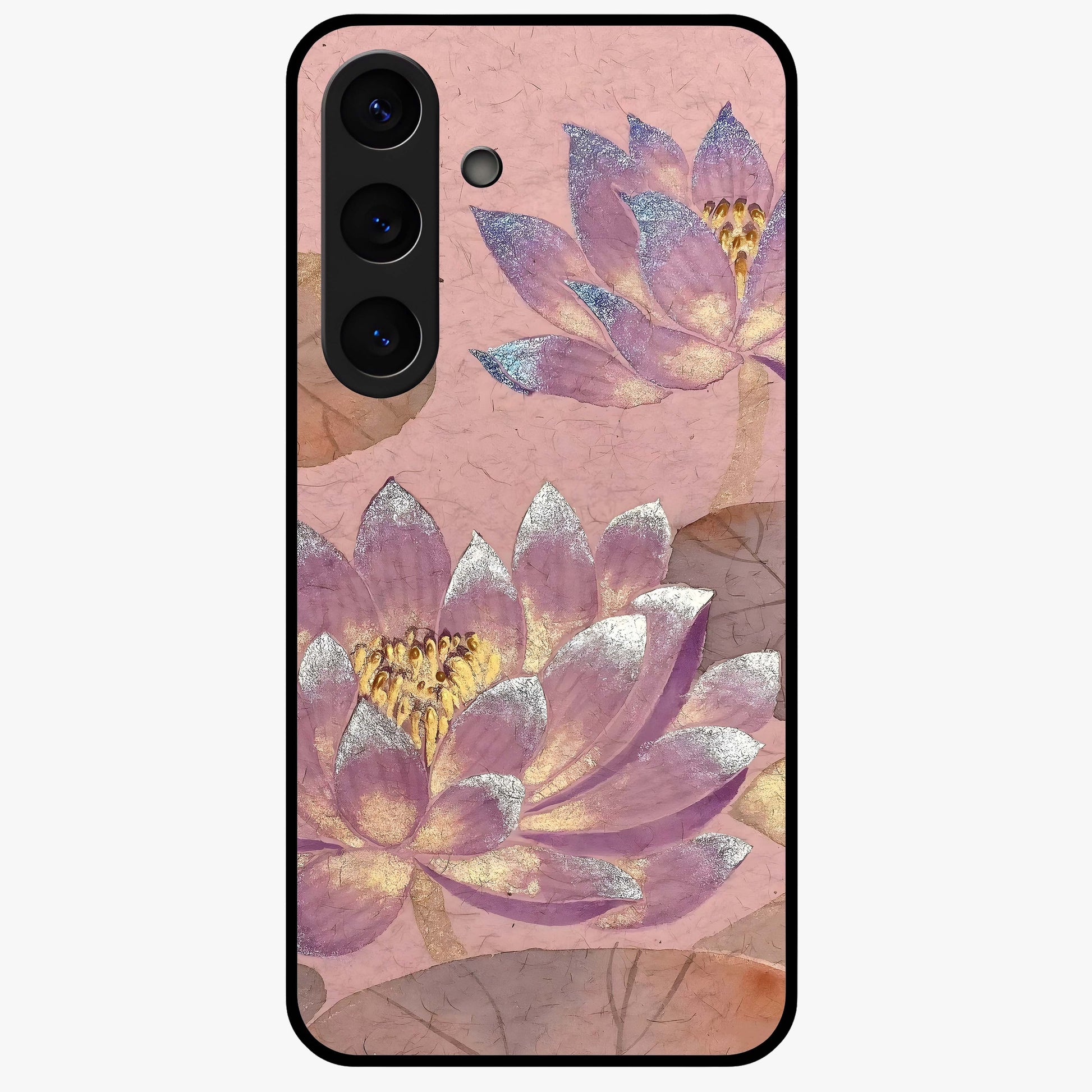 Blossom Mist Lotus Glass Case showing flat back view with serene lotus blossom artwork and glossy glass finish.