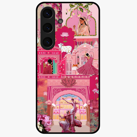 Blossoms of Rajasthan Glass Case showing flat back view with traditional floral artwork inspired by Rajasthan and glossy glass finish.