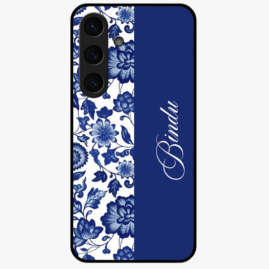Blue Vintage Floral Pattern Glass Case upright view showcasing timeless floral illustration with vintage inspired style.