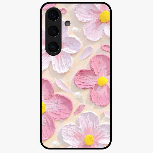 Blush Bloom Texture Glass Case showing flat back view with soft blush floral texture artwork and glossy glass finish.