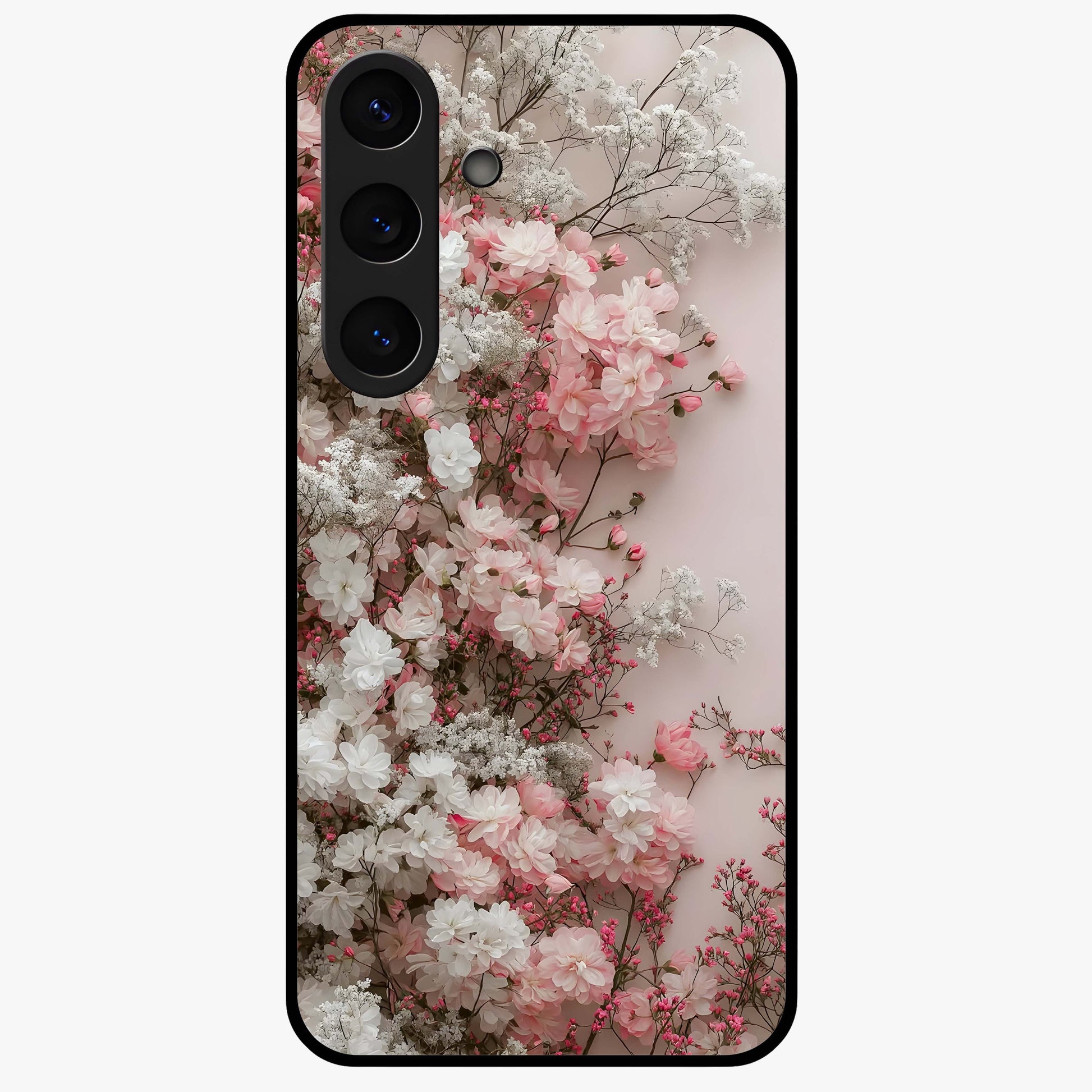 Blush Blossom Cloud Glass Case showing flat back view with dreamy blush cloud blossom artwork and glossy glass finish.