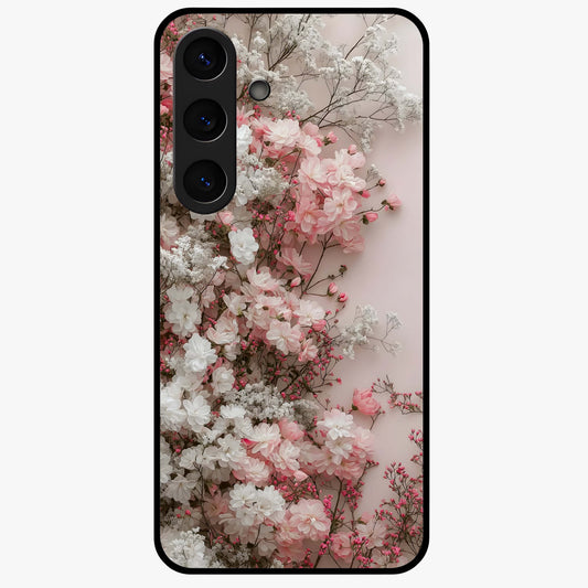 Blush Blossom Cloud Glass Case showing flat back view with dreamy blush cloud blossom artwork and glossy glass finish.