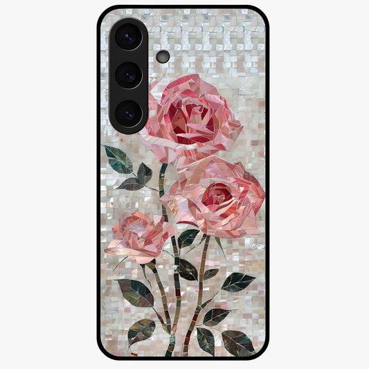 Blush Mosaic Bloom Glass Case showing flat back view with mosaic floral bloom artwork and glossy glass finish.