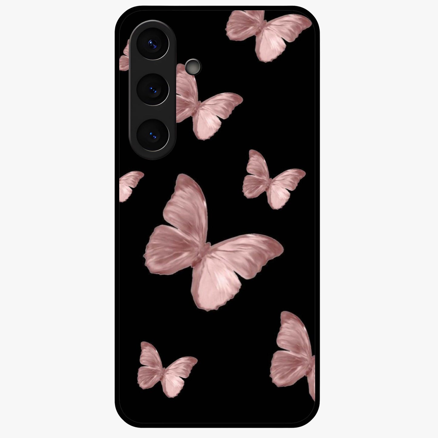Butterfly Pattern Glass Case showing flat back view with elegant butterfly pattern artwork and glossy glass finish.