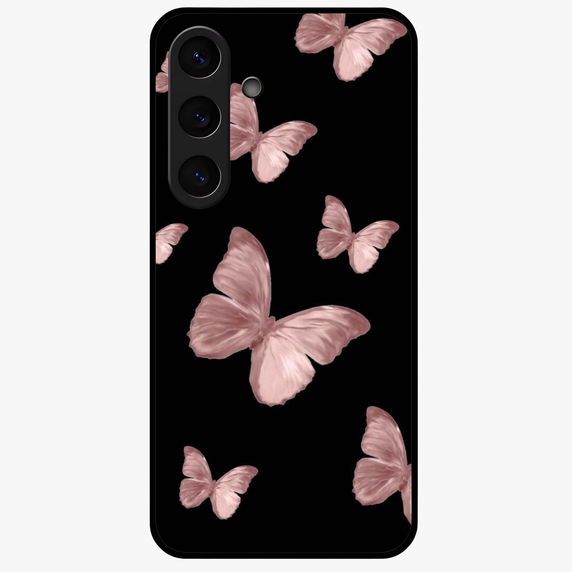 Butterfly Pattern Glass Case showing flat back view with elegant butterfly pattern artwork and glossy glass finish.