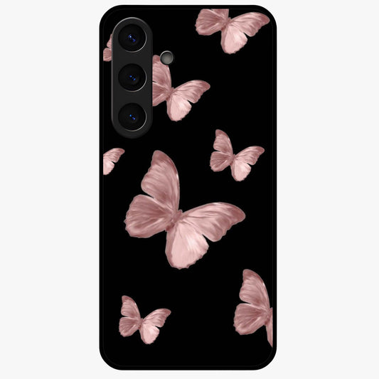 Butterfly Pattern Glass Case showing flat back view with elegant butterfly pattern artwork and glossy glass finish.