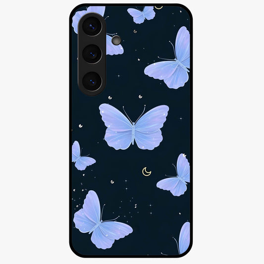 Butterfly With Stars Pattern Glass Case showing flat back view with butterfly and star pattern artwork and glossy glass finish.