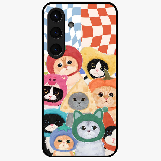 Cats in Fruits Glass Case showing flat back view with playful cat illustrations inside fruit artwork and glossy glass finish.
