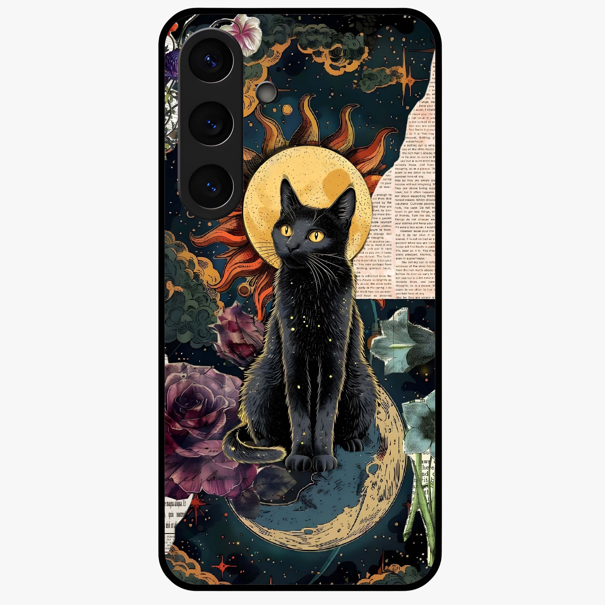 Celestial Black Cat Glass Case showing flat back view with mystical black cat artwork and glossy glass finish.