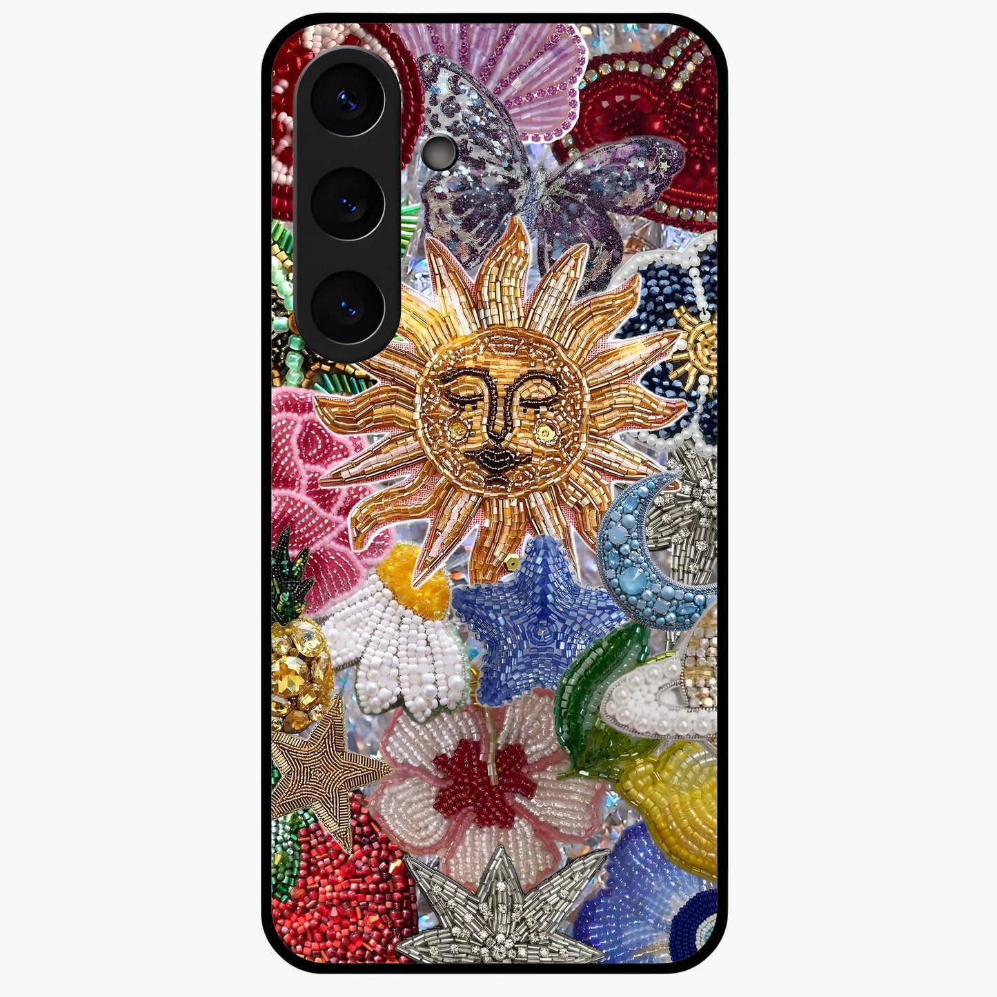 Celestial Floral and Playful Glass Case showing flat back view with floral and celestial themed artwork and glossy glass finish.