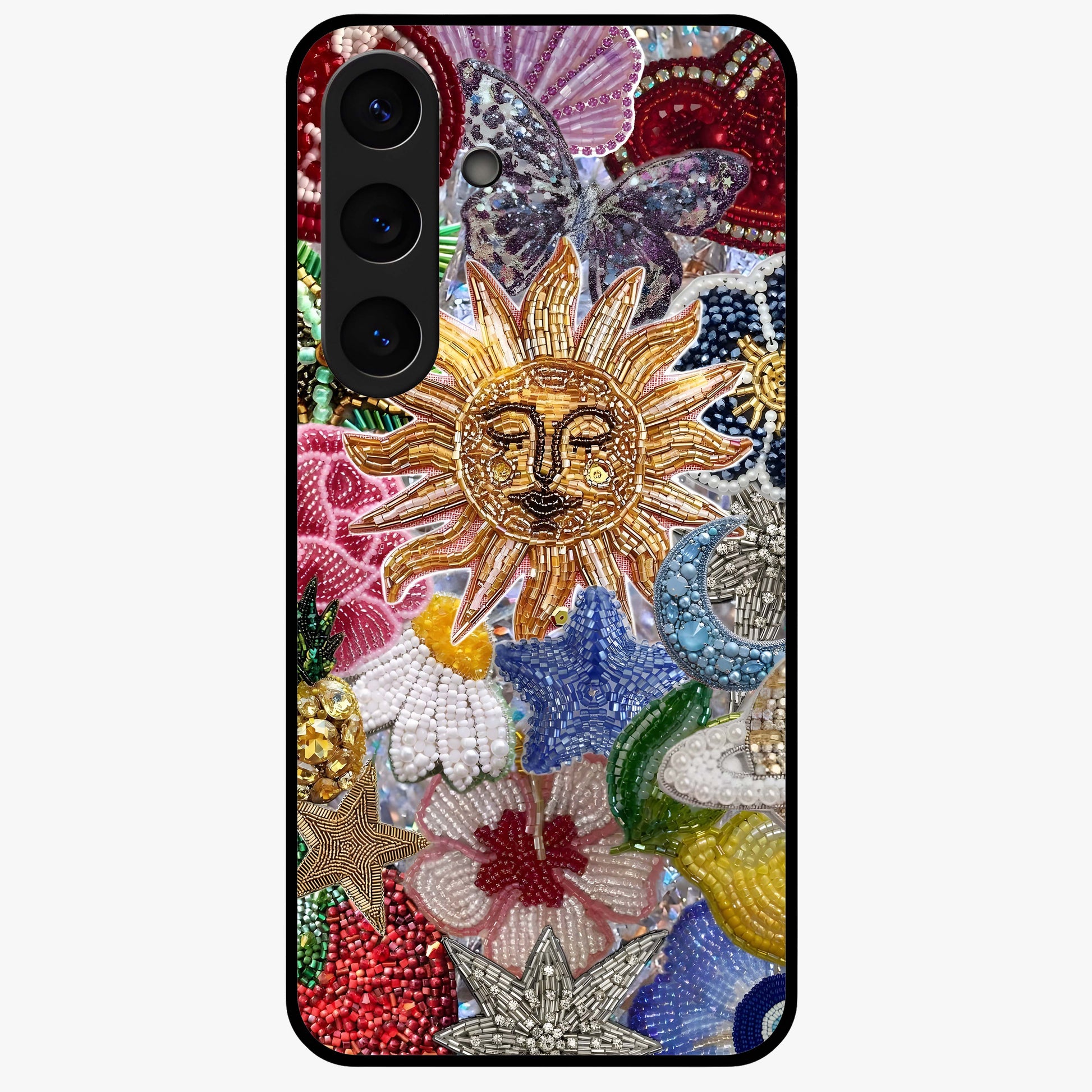Celestial Floral and Playful Glass Case showing flat back view with floral and celestial themed artwork and glossy glass finish.