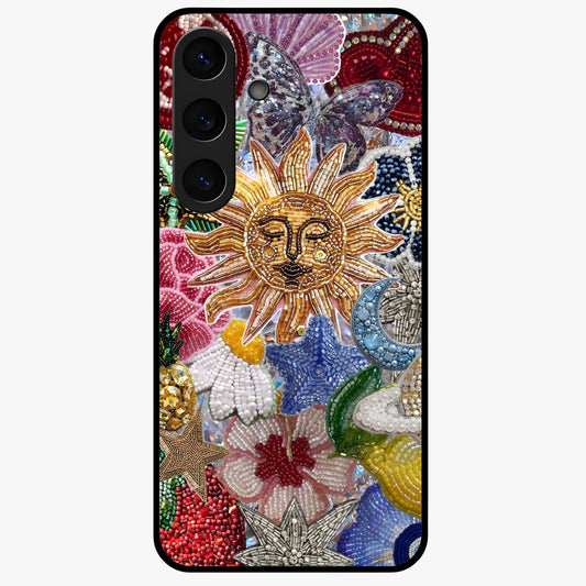 Celestial Floral and Playful Glass Case showing flat back view with floral and celestial themed artwork and glossy glass finish.