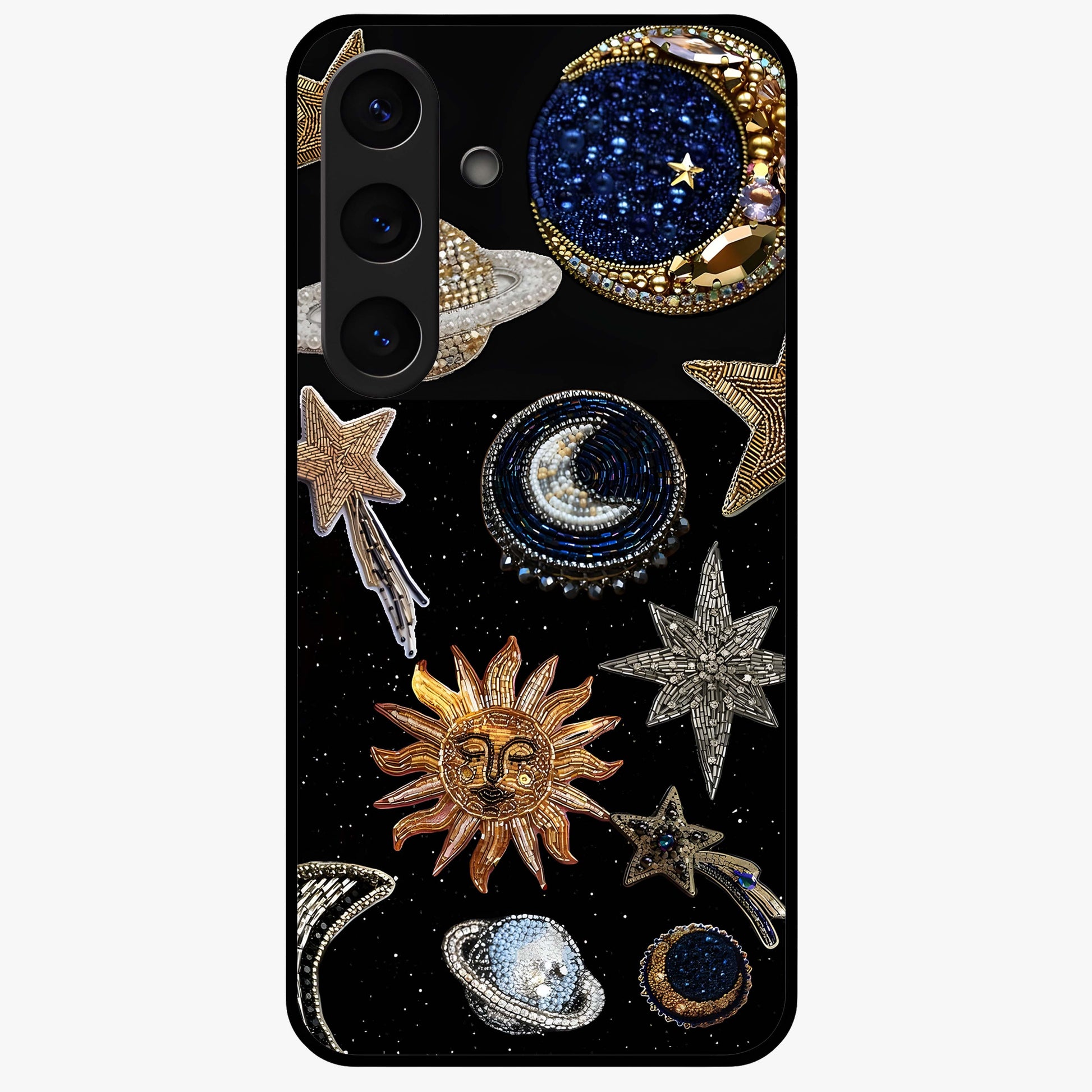 Celestial Gem Constellations Glass Case showing flat back view with sparkling constellation artwork and glossy glass finish.