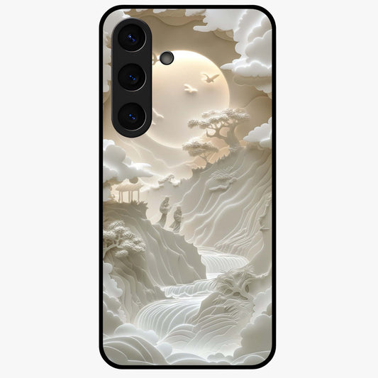 Celestial Origami Glass Case showing flat back view with artistic origami inspired celestial artwork and glossy glass finish.