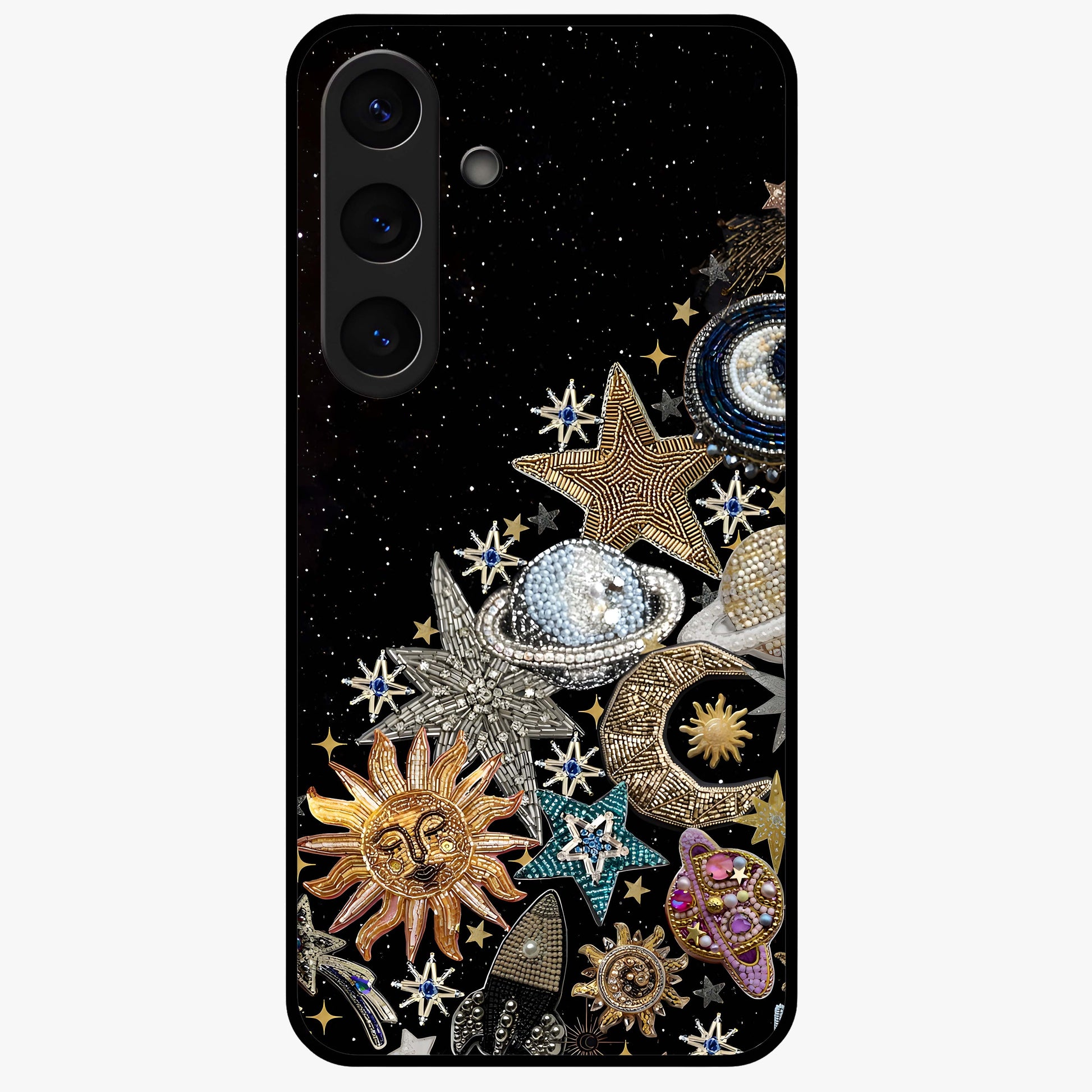 Cosmic Sparkle Dreams Glass Case showing flat back view with sparkling cosmic artwork and glossy glass finish.