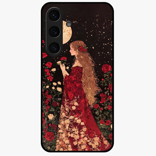 Crimson Dreams Glass Case showing flat back view with dreamy crimson artwork and glossy glass finish.