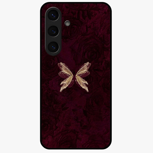 Crimson Fade Butterfly Glass Case showing flat back view with fading butterfly artwork and glossy glass finish.