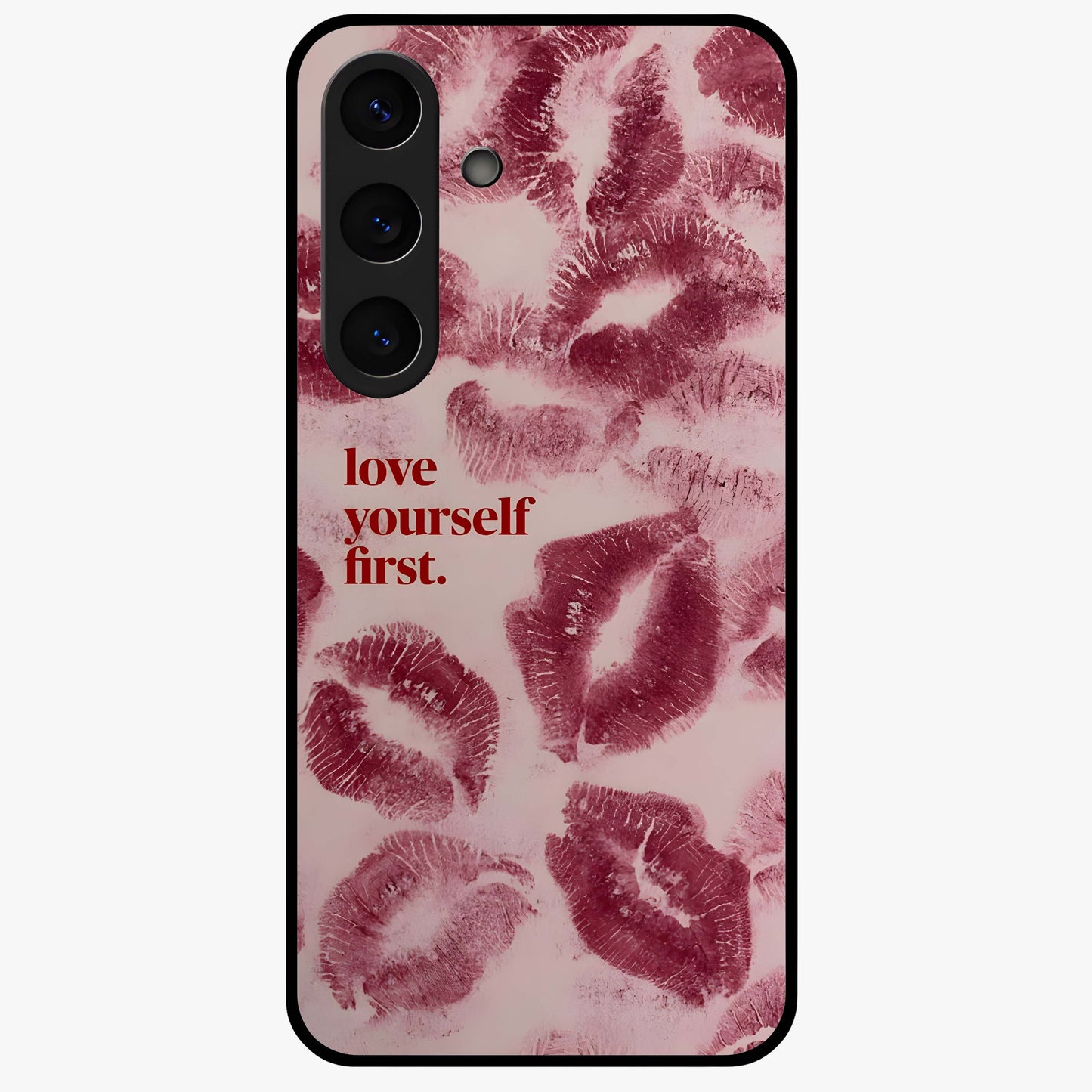 Crimson Kiss Love Glass Case showing flat back view with romantic crimson themed artwork and glossy glass finish.