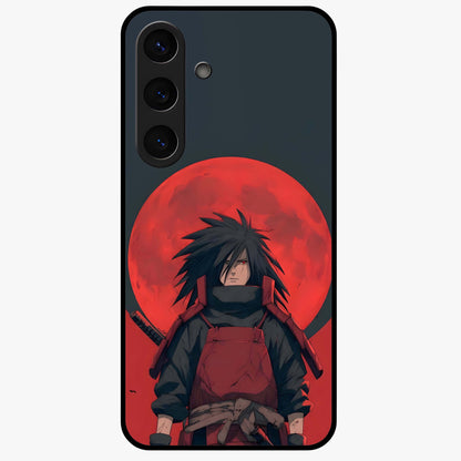 Crimson Moon Warlord Glass Case showing flat back view with mystical moon warrior artwork and glossy glass finish.