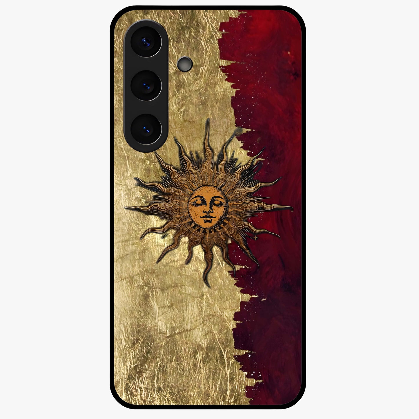 Crimson Sun Majesty Glass Case showing flat back view with radiant sun inspired artwork and glossy glass finish.