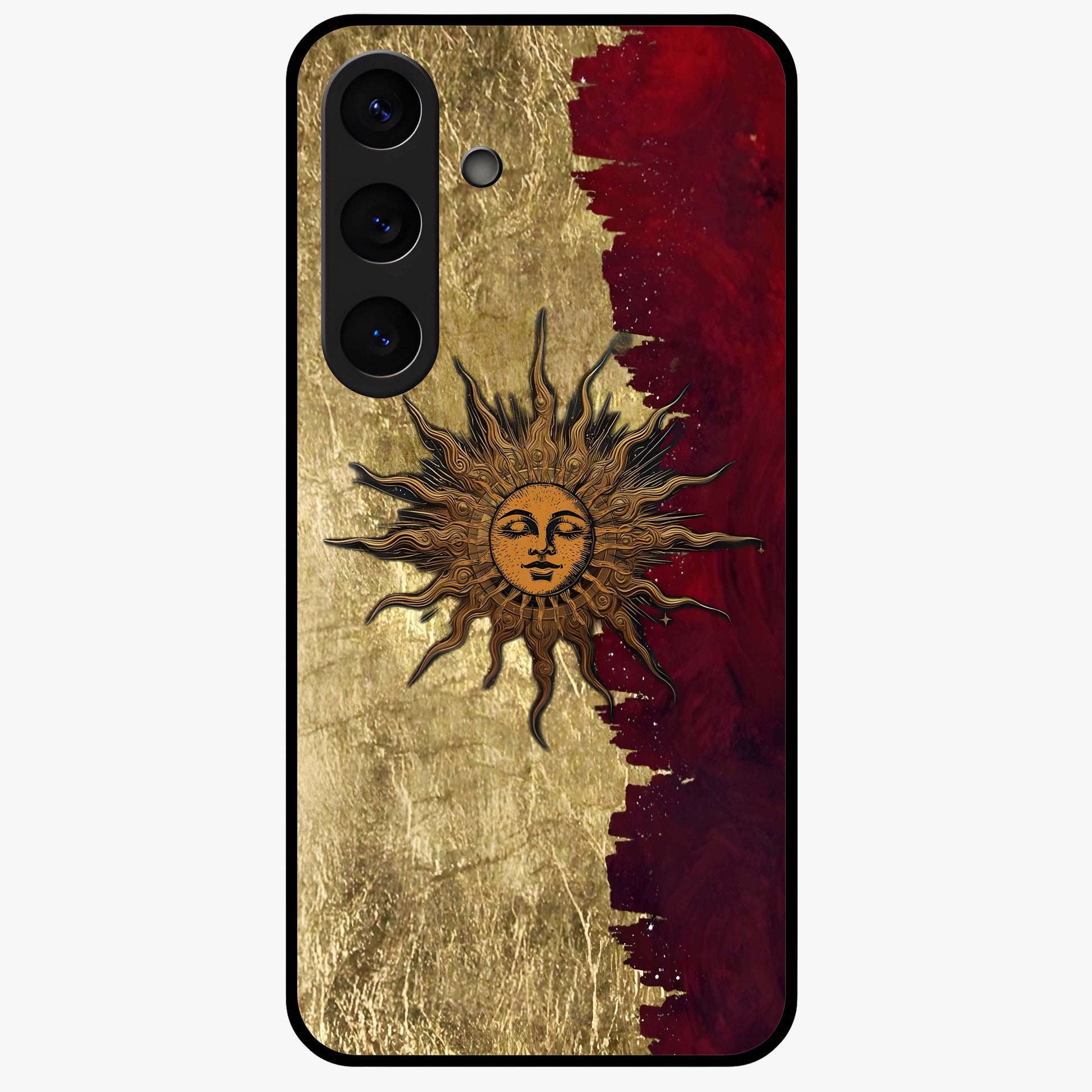 Crimson Sun Majesty Glass Case showing flat back view with radiant sun inspired artwork and glossy glass finish.