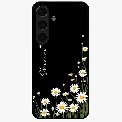Daisy Cascade Custom Name Glass Case showing flat back view with cascading daisy flowers and personalized name design.
