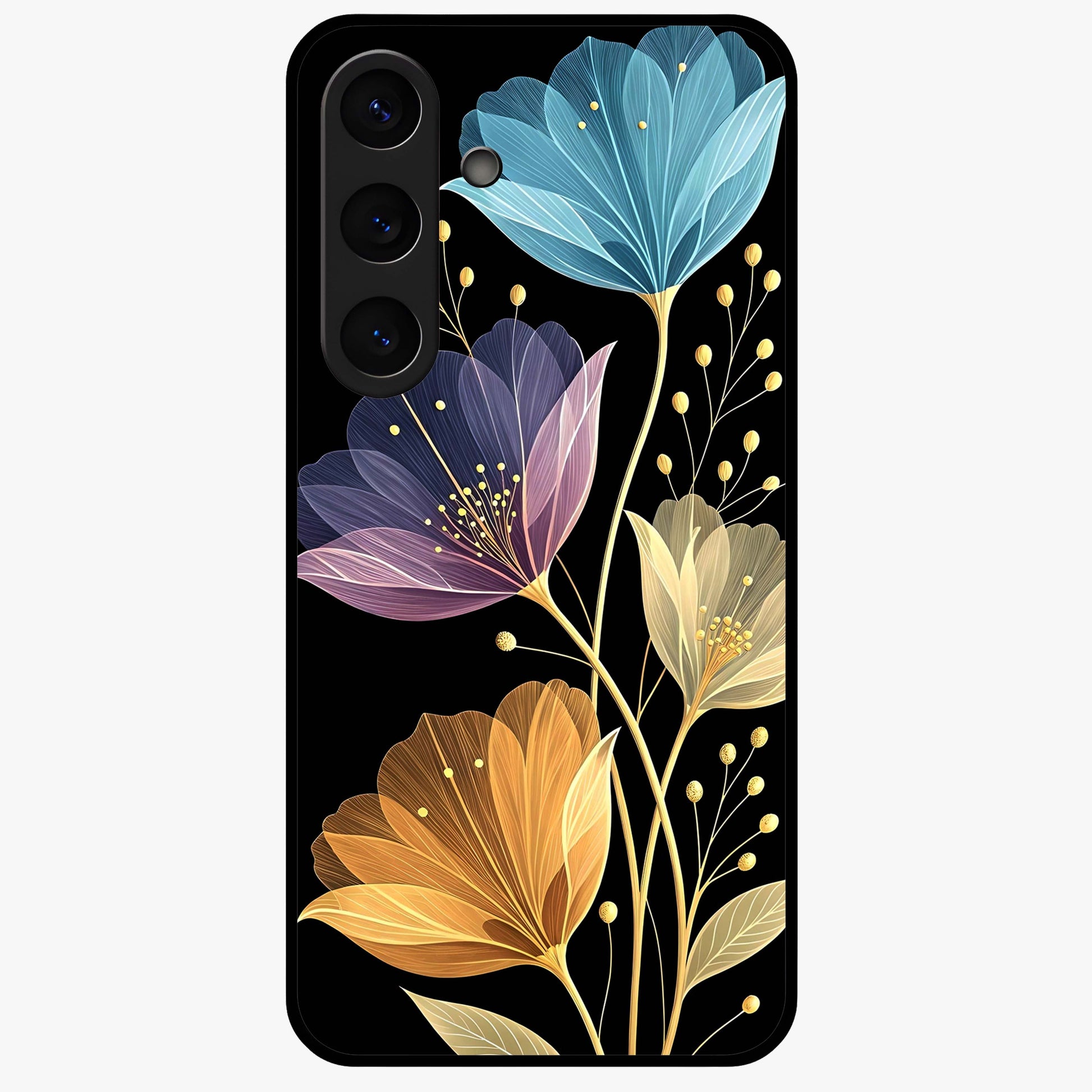 Delicate Multicolor Flowers Glass Case showing flat back view with vibrant floral artwork and glossy glass finish.