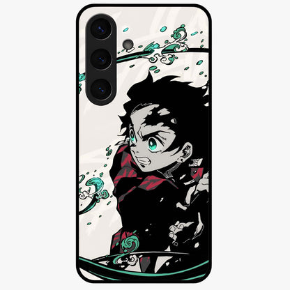 Demon Slayer Glass Case showing flat back view with bold anime inspired artwork and glossy glass finish.