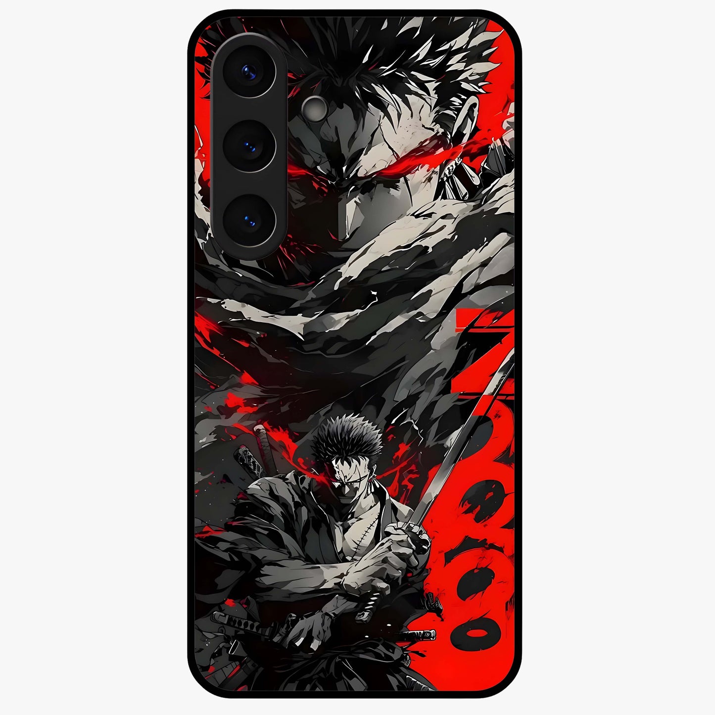 Demon Sword Resolve Glass Case showing flat back view with fierce sword warrior artwork and glossy glass finish.