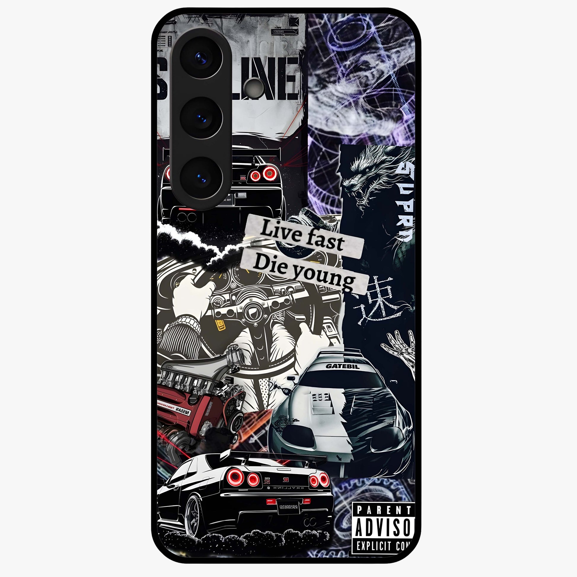 Die Young Glass Case showing flat back view with bold artistic typography design and glossy glass finish.
