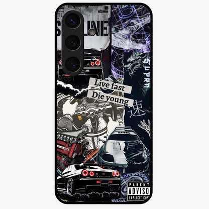 Die Young Glass Case showing flat back view with bold artistic typography design and glossy glass finish.