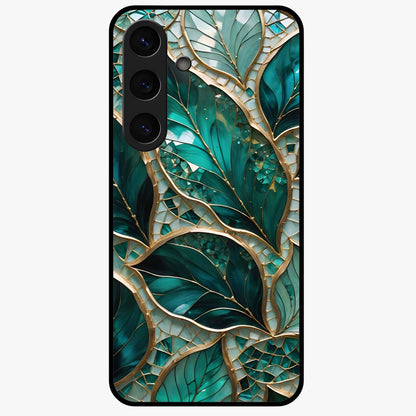 Emerald Leaf Glass Glass Case showing flat back view with emerald green leaf artwork and glossy glass finish.