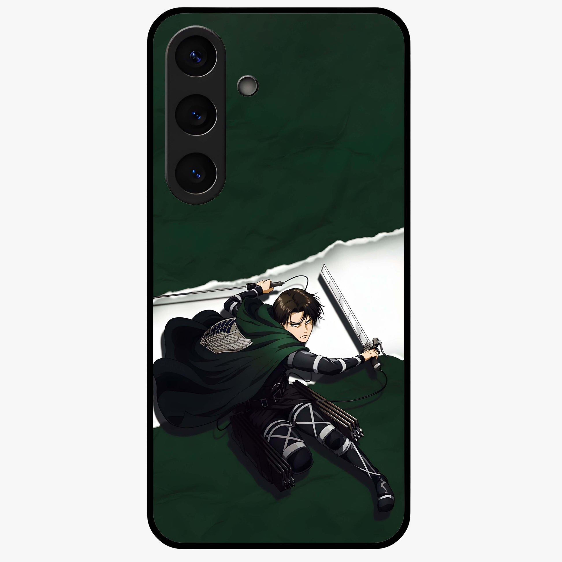 Emerald War Vanguard Glass Case showing flat back view with powerful warrior themed artwork and glossy glass finish.