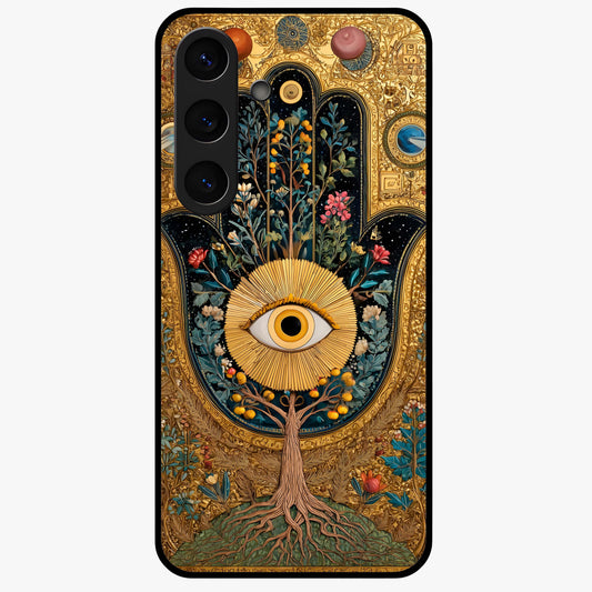 Ethereal Evil Eye Glass Case showing flat back view with mystical evil eye artwork and glossy glass finish.