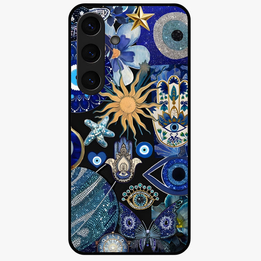 Evil Eye Charm Mix Glass Case showing flat back view with multiple evil eye charms artwork and glossy glass finish.