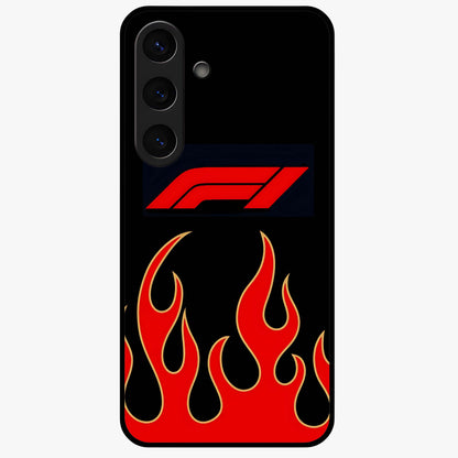 Fire F11 Glass Case showing flat back view with fiery themed artwork and glossy glass finish.